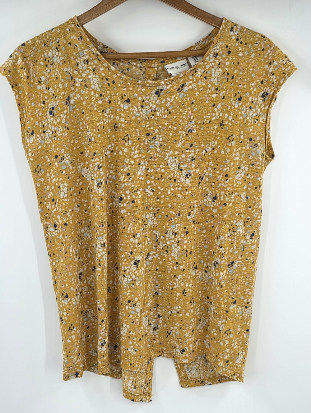 Rachel Zoe Yellow Floral 100% Linen Cap Sleeve Top Button Back Women's Medium M